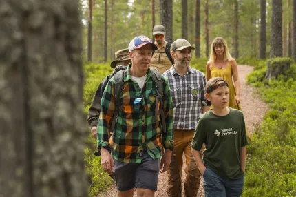 En liten grupp som vandrar på en stig i skogen.