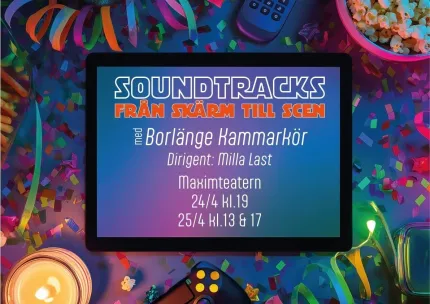 Ett tänt ljus, konfetti, girlanger, popcorn, en svart ram i ramen text Soundtracks från skärm till scen och ytterligare information om evenemanget.