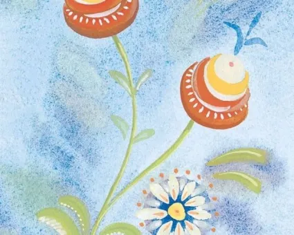 En målning av en blomma, blå bakgrund, blomma i orange.