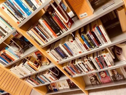 Sned bild av flera bokhyllor i trä fyllda med böcker i ett bibliotek, med ljus inomhusbelysning.