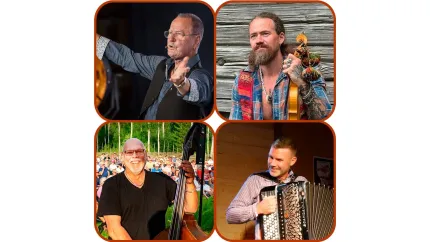 Fyra små bilder på män med varsitt instrument.