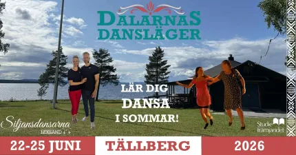 Två dansande par, text om evenemanget, sjö, byggnad och träd i bakgrunden.