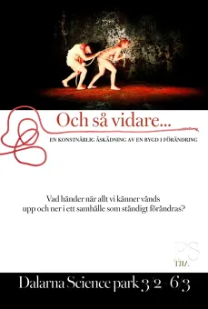 Två personer som går efter varandra ihopkrupna och med ett rep emellan sig, och så vidare med röda bokstäver, svart text om utställningen.