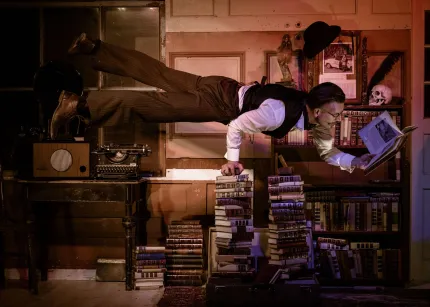 En man iklädd vit skjorta och svart väst som ser ut att sväva i luften med en bok i handen, skrivbord och böcker i bakgrunden.