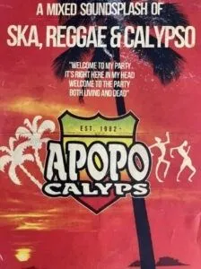 En röd affisch med en palm och text.