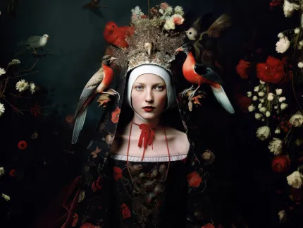 Mörkt, stiliserat porträtt med blomkrona och två röda fåglar på axlarna, omgiven av blommor..