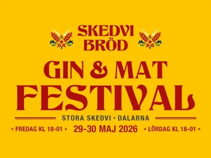 Gul affisch med röd text “Skedvi Bröd Gin & Mat Festival”, med ort och datum samt små blomornament..