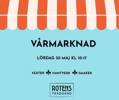 Grafisk affisch med rödvita ränder, texten ”VÅRMARKNAD” och information om datum, tid och Rotens Trädgård..