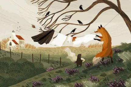 Illustration av Cecilia Heikkilä, en räv och en mullvad, tvätt som hänger på en lina fastknuten i ett träd, ängar, åkrar och ett staket, en vit byggnad med ett torn i bakgrunden.