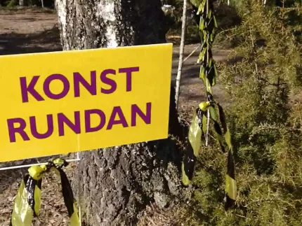 Gul skylt med lila text ”KONST RUNDAN” fäst vid ett träd, med gulsvart band i en solig skogsmiljö..