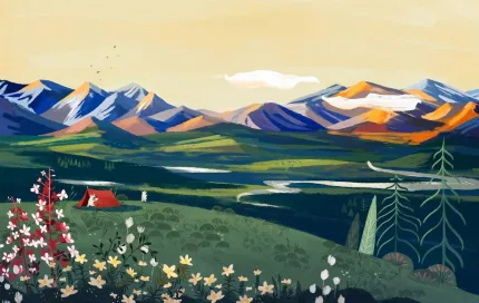 Illustration av berg med snötoppar, grön dal och flod, med rött tält och vilda blommor i förgrunden..