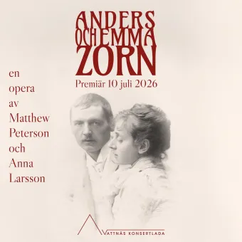 Affisch med rubriken ”Anders och Emma Zorn”, premiärdatum och en blek illustration av två personer i profil..