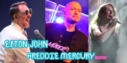 Konsertaffisch med tre artister på scen med mikrofoner, starkt scenljus och texten "Elton John möter Freddie Mercury"..