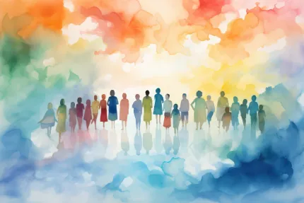 Akvarellillustration av en rad silhuetter av människor i olika färger mot en mjuk, färgskiftande bakgrund..