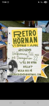 Affisch med texten “Retrohörnan” på linjerat papper, med megafonillustration och loppismiljö i bakgrunden..