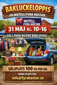 Affisch, animerad bild på bilmed öppen baklucka fylld med prylar brevid bilen ett bord fyllt av prylar, prylar och besökare i bakgrunden, text om evenemanget.