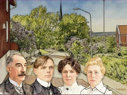 En animerad bild på två kvinnor och två män iklädda kläder från början av 1900-talet, röda träbyggnader grönskande trädgårdar och ett kyrktorn i bakgrunden.