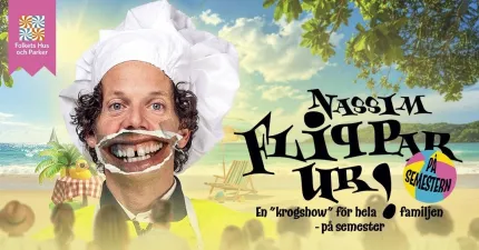 En animerad bild, en man i lockigt mörkt hår med en kockmössa på huvudet och förstorad mun, strand i bakgrunden.