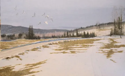 En naturmålning föreställande ett landskap, snöfläckar på backen, en väg, fåglar som flyger, berg i bakgrunden.