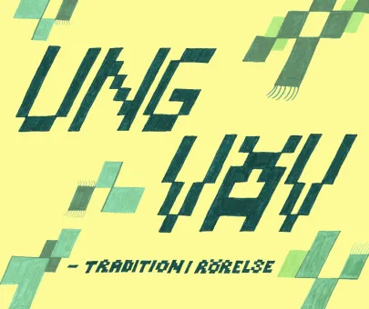 Gul bakgrund, Ung väv tradition i rörelse med vävda bokstäver, gröna mönster.