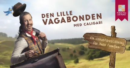 En man med en gameldags kappsäck, gröna dalar i bakgrunden, Den lille vagabonden.