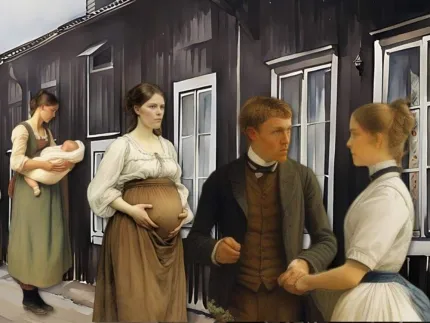 En animerad bild, tre kvinnor och en man iklädda kläder från slutet av 1800-talet, en mörk träbyggnad i bakgrunden.