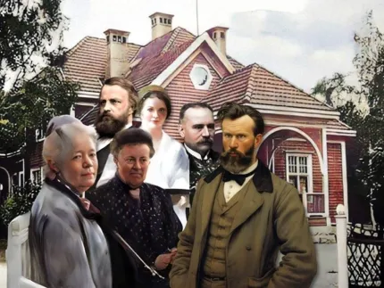 En animerad bild, tre kvinnor och tre män iklädda kläder från tidigt 1900-tal, en stor röd villa i bakgrunden.