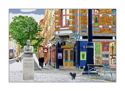 En tavla över stadsmiljö.