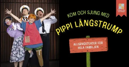 Pippi Långstrump med händerna i luften framför Prussiluskan och konstaplarna.