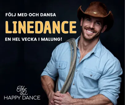 Affisch med text om linedance i Malung och en person i cowboyhatt och ljusblå skjorta med rep över axeln..