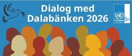 Blå bakgrund, animerade huvuden i olika färger, en fredsduva och en FN logga.