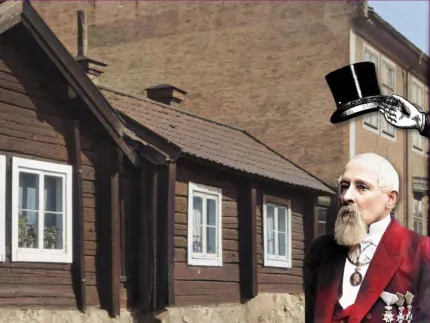 AI genererad bild av en man i kläder från 1900-talets början, en hand håller i en hög hatt ovanför mannens huvud, en timmerbyggnad och ett stenhus i bakgrunden.