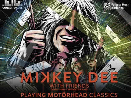 Illustrerad konsertposter med trummor, hårsvall och gitarr samt stor rubrik om Mikkey Dee och Motörhead-klassiker..