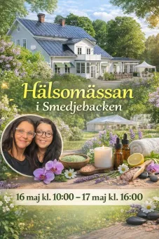 Affisch, två kvinnor båda med glasögon och långt mörkt hår,  en vit stor herrgårdsbyggnad med prunkande trädgård i bakgrunden, text om evenemanget.