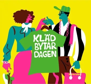 Färgstark illustration av två personer som håller upp en grön T-shirt med texten “KLÄD BYTAR DAGEN” på gul bakgrund..