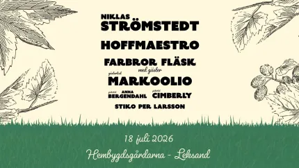 Ljus bakgrund, en animerad gräsmatta och blommor och blad, artisternas namn med svarta bokstäver.