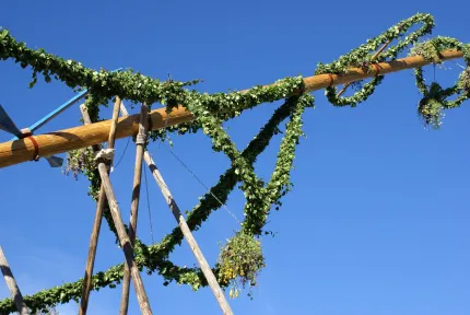 Trämajstång dekorerad med björklöv och hängande blomsterkransar, fotograferad nerifrån mot blå himmel..