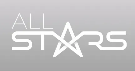 Grå bakgrund, All Stars med vita bokstäver.