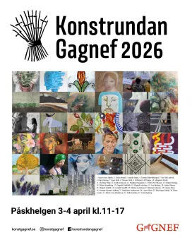 Affisch med texten ”Konstrundan Gagnef 2026”, ett rutnät av konstbilder och info om påskhelgen 3–4 april..