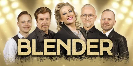 En kvinna i mitten, två män på vardera sidan om henne, Blender med guldbokstäver, spotlights i bakgrunden.