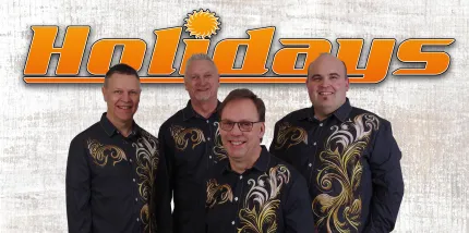 Fyra män iklädda svarta skjortor med stora mönster, Holidays med orange bokstäver.