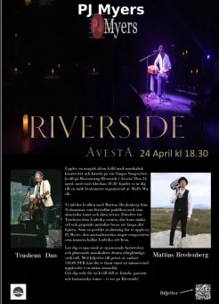 Konsertaffisch med artistnamnet PJ Myers, stor rubrik Riverside, datum i Avesta och två artistbilder samt QR-kod..