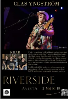 Konsertaffisch med gitarrist på scen under blå ljust, bandfoto, text om Riverside Avesta och QR-kod..