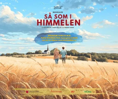 En animerad bild, en man och en kvinna som går hand i hand på ett fält, blå himmel med moln, en vit kyrka i bakgrunden, Så som i himmelen med röda bokstäver.