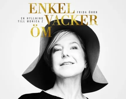 En svartvit bild av en kvinna i hatt, text i guld och svart.