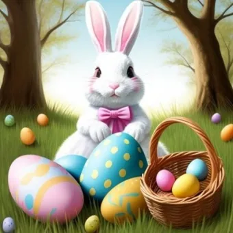 En animerad bild av en hare som sitter på en gräsmatta, brevid haren står en korg med tre påskägg, fyra större påskägg framför haren, flera små påskägg på gräsmattan, träd i bakgrunden.