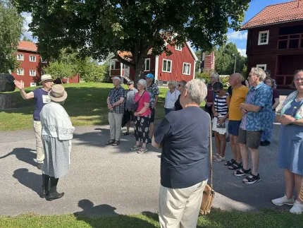 En grupp vuxna lyssnar på en guide utomhus på en gård med röda trähus, träd och soligt väder..