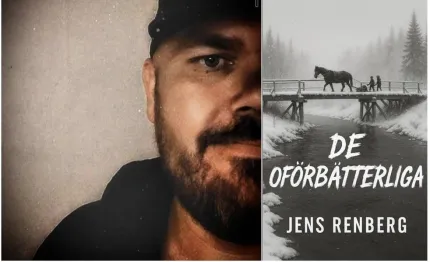 En man med mörkt hår och skägg, ett bokomslag en svartvit bild en häst och två människor med en släde som går över en bro, text De oförbätterliga Jens Renberg.