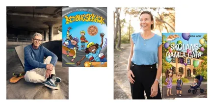 En bild på en man iklädd ljusa byxor och blå polo, han sitter på marken, bokomslag Betongskräck, en bild på en kvinna iklädd svarta byxor och en ljusblå t-shirt träd i bakgrunden ett bokomslag skolans gamla gata.