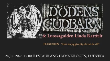 Svartvit konsert- eller evenemangsaffisch med bevingad figur till vänster och stor rubrik samt datum och plats nederst..